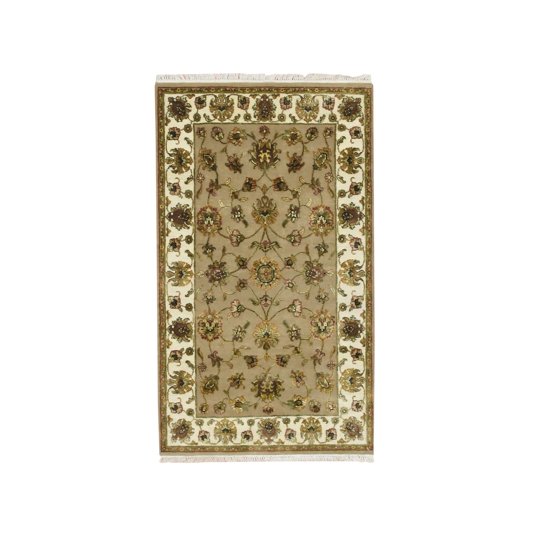 Ecru Brown, Rajasthan with All Over Leaf Design, Hand Knotted, Soft Pile, Wool and Silk, Thick and Plush, Oriental Rug